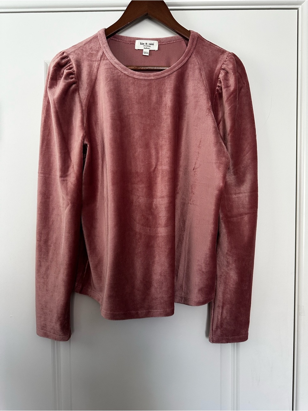 Kim & Cami Dusty Rose Velvet Puff Shoulder Top Elegant Romantic Blouse Medium
